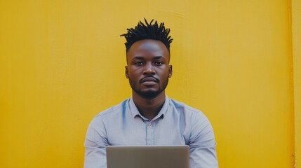 Young african male developer and designer working on laptop in professional environment