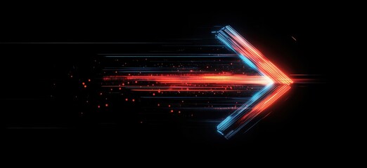 Poster - Dynamic neon arrow symbolizing speed and direction with vibrant red and blue light trails on black background, copy space for text