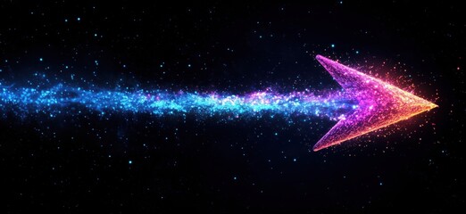 Poster - Vibrant Cosmic Arrow Symbolizing Direction and Movement Through Space with Colorful Particles and Stars, copy space for text