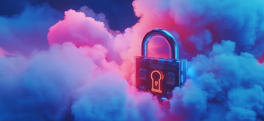 Poster - Digital padlock surrounded by vibrant clouds, symbolizing cybersecurity and data protection in a futuristic setting, copy space for text
