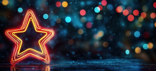 Poster - Glowing neon star against colorful bokeh background, festive atmosphere, vibrant lights, holiday decoration, celebration mood, copy space for text