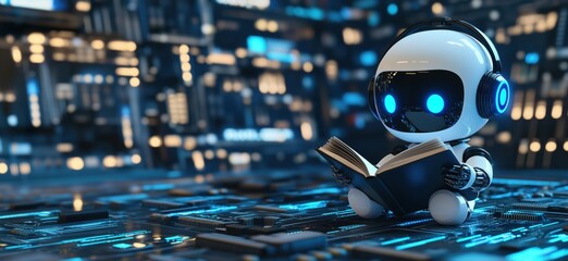 Poster - robot reading book in futuristic digital environment, showcasing advanced technology and artificial 