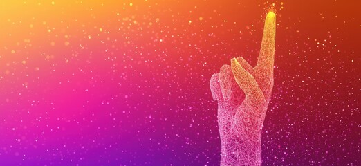 Poster - Digital hand pointing upwards, glowing wireframe design, vibrant gradient background, abstract technology concept, creative visualization, copy space for text