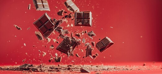 Poster - Exploding chocolate pieces in mid-air against vibrant red background, showcasing dynamic motion and rich textures, copy space for text
