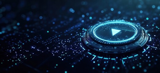 Poster - Futuristic digital play button surrounded by glowing circuit patterns and blue light effects, representing technology and multimedia concepts, copy space for text