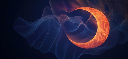 Poster - Abstract representation of a crescent moon surrounded by flowing waves of light and energy, showcasing vibrant colors and dynamic movement, copy space for text