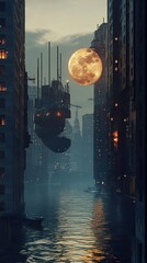 Canvas Print - Futuristic Cityscape: Night View with Giant Moon