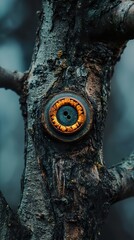 Canvas Print - Intriguing button embedded in tree bark: A captivating nature macro photograph