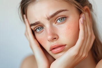 Poster - Young Woman with Freckles and Blue Eyes Posing