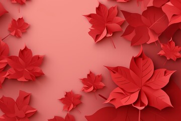Poster - Red paper cut leaves forming a decorative frame on a monochromatic background, evoking the spirit of autumn