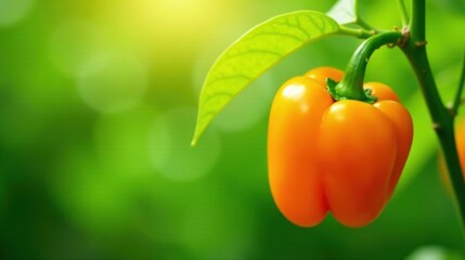 Sticker - A Vibrant Orange Bell Pepper Growing on a Lush Green Plant in Sunlight