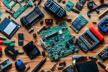 Poster - Electronics repair, parts scattered, wooden table, background blur, tutorial