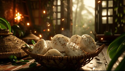 Sticker - Steaming white rice cakes with sesame seeds in a woven basket on a wooden table, with a traditional woven hat and leaves in the background.