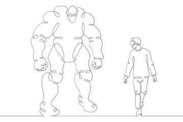 Poster - A young man controls a large robot using a virtual reality helmet . Robotics and programming. One continuous drawing line  logo single hand drawn art doodle isolated minimal illustration.