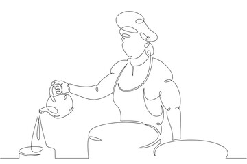 Wall Mural - Woman chef prepares food in the restaurant kitchen. Chef cook in uniform.One continuous drawing line  logo single hand drawn art doodle isolated minimal illustration.