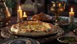 A freshly baked, golden-brown, cheesy pizza with a crusty crust sits on a silver platter on a dark wooden table surrounded by lit candles and ornate metal serving dishes.