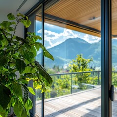 Poster - Innovative smart home automation solutions in a sustainable living space modern architecture serene mountain views indoor plant integration