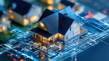 Poster - Smart home automation initiative featuring smart thermostat technology modern residential setting digital art futuristic environment aerial view innovative living concept