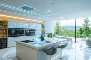 Poster - Smart home automation revolution modern kitchen design home interior design high-tech environment aerial view lifestyle innovation