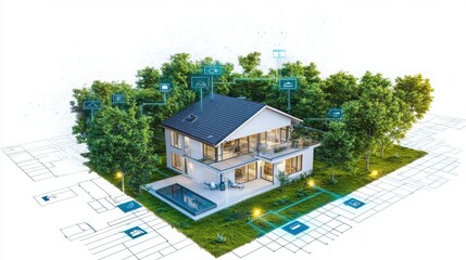 Poster - Innovative smart home automation program training residential setting digital content green environment aerial view advanced technology concepts