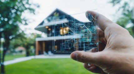Poster - Smart home automation program development modern residential area digital technology green lawn perspective of innovation home efficiency solutions
