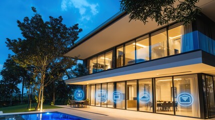Poster - Smart home automation program launch event modern residence digital content evening setting aerial view innovative technology solutions