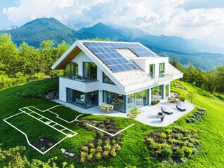 Poster - Smart home automation strategies for energy efficiency in modern architecture scenic mountain location aerial view sustainable living concept