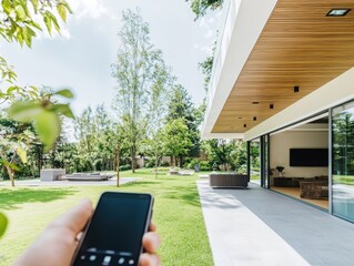 Poster - Smart home automation for energy efficiency modern residential area outdoor living space green environment close-up view sustainable living concept