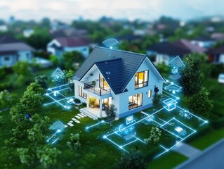 Poster - Smart home automation strategy enhancing global connectivity residential setting digital technology overview suburban environment aerial view innovative living concept