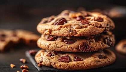 Wall Mural - Close-up of three freshly baked chocolate chip pecan cookies stacked on a black slate surface with pecan pieces scattered around.