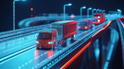 Poster - Futuristic digital highway with autonomous trucks at night