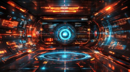 Aufkleber - Futuristic digital interface with glowing orange and blue energy streams in a dark spaceship control room
