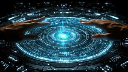 Poster - Futuristic digital interface with glowing particles and human interaction