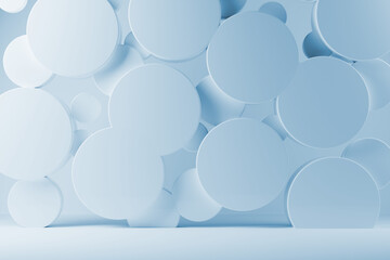 Poster - light blue abstract stage mockup - flying plastic circles as decor. template 3d illustration contemp