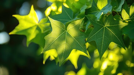 Wall Mural - Bright green leaves catch sunlight, showcasing intricate shapes