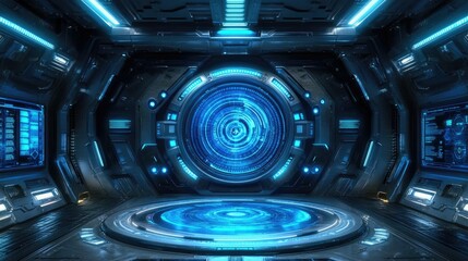 Poster - Futuristic spaceship interior with glowing blue portal and advanced technology