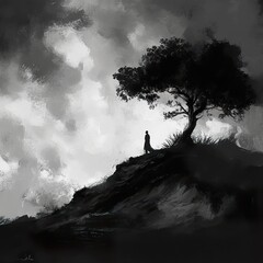 Canvas Print - Solitude on a Hill: A Monochromatic Landscape