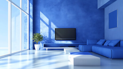 Poster - blue sofa against tv unit, minimalist loft home interior design of modern living room with concrete 