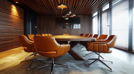 Poster - Brown leather chairs at wood dining table in room with abstract wood lining ceiling and paneling walls, minimalist scandinavian interior design of modern dining room
