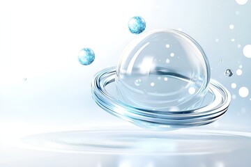 Poster - A transparent bubble surrounded by shiny rings and smaller floating spheres, set against a clean, bright background with soft glowing elements, symbolizing purity and modern elegance