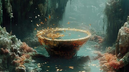 Canvas Print - Golden Bowl in a Mystical Cave: Fantasy Landscape