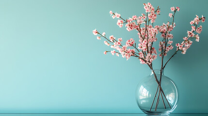 Poster - Glass vase with pink blossoms flowers twigs on glass table near empty, blank turquoise wall, home interior background with copy space