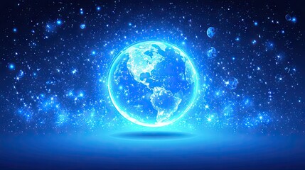 Poster - Glowing Blue Earth in a Starry Night Sky