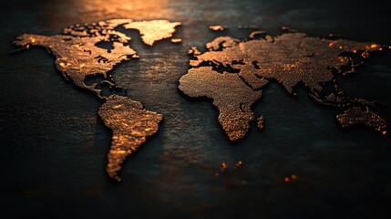Poster - Glowing Bronze World Map: Global Connections and Networks