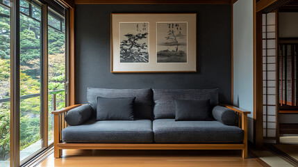 Wall Mural - Japanese style home interior design of modern living room, grey sofa with black cushions against wall with poster frame