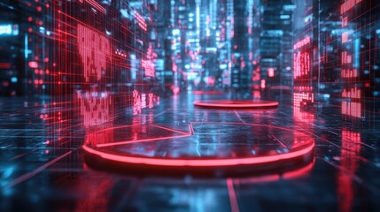 Poster - Glowing Cyberpunk Cityscape with Red and Blue Neon Lights