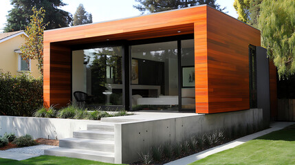 Fototapete - Modern small minimalist cubic house with wooden cladding and concrete walls and landscaping design front yard, residential architecture exterior