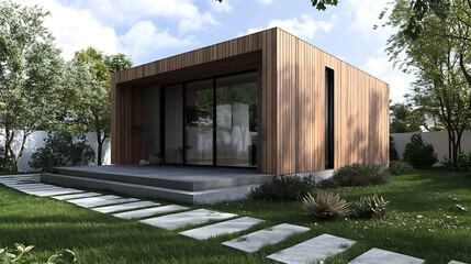 Poster - Modern small minimalist cubic house with wooden cladding and concrete walls and landscaping design front yard, residential architecture exterior