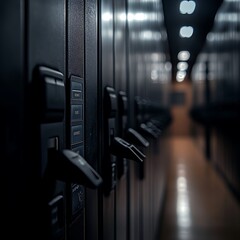 Poster - Data center server room aisle; power switches; network infrastructure; background lights; technology