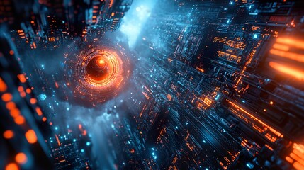 Wall Mural - cyberpunk digital art: futuristic circuit network